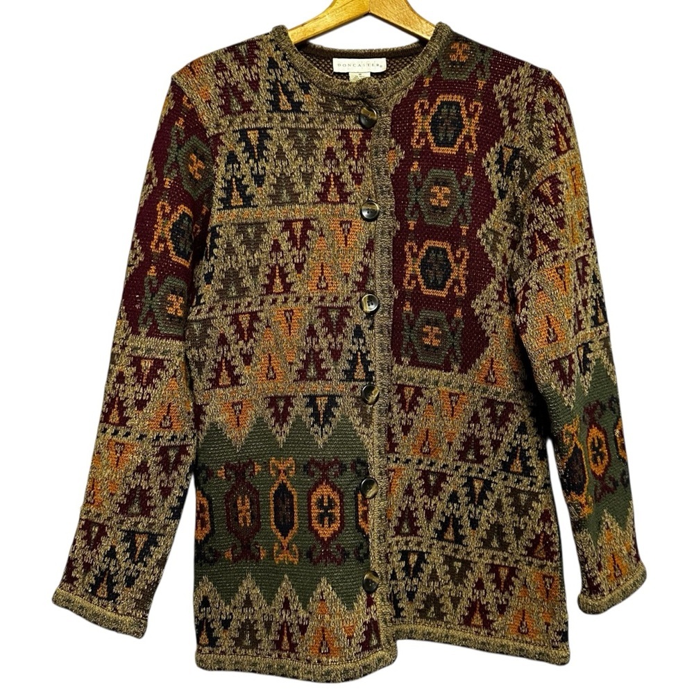 VTG Tapestry Knit Button-Up Cardigan Jacket Wool Blend Boho Aztec Pattern Medium